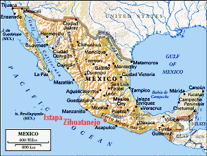 Mapa de M�xico mostrando Zihuatanejo e Ixtapa