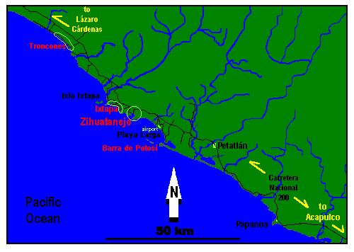 Mapa de Zihuatanejo, Ixtapa y Troncones en la Costa Grande de M&eacute;xico